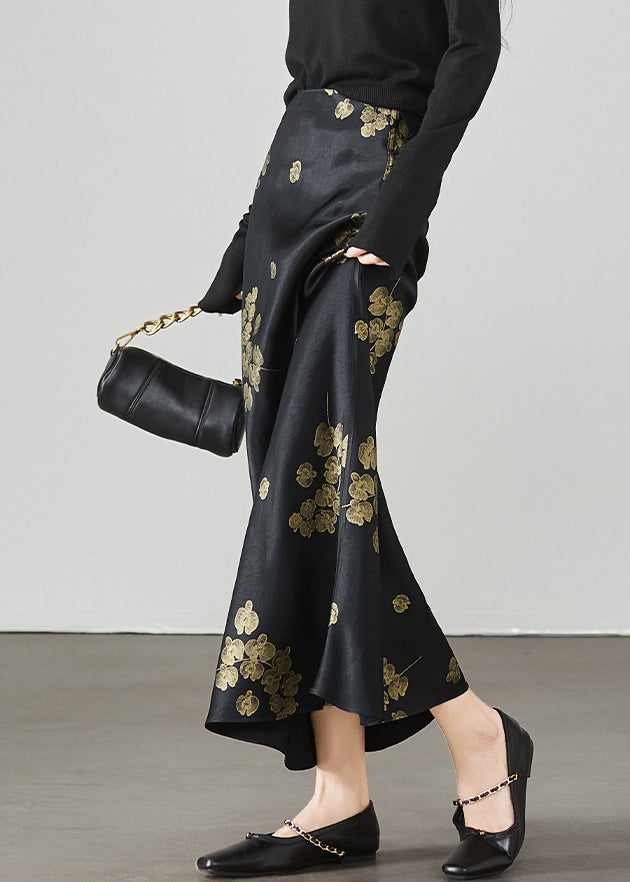 New Silk Waist Summer Skirt Black Print High