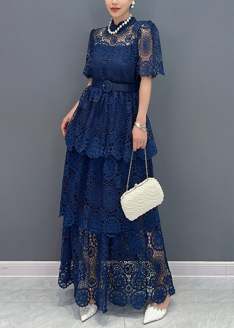 Chic Navy V Neck Sashes Hollow Out Lace Long Dresses Summer AO1013