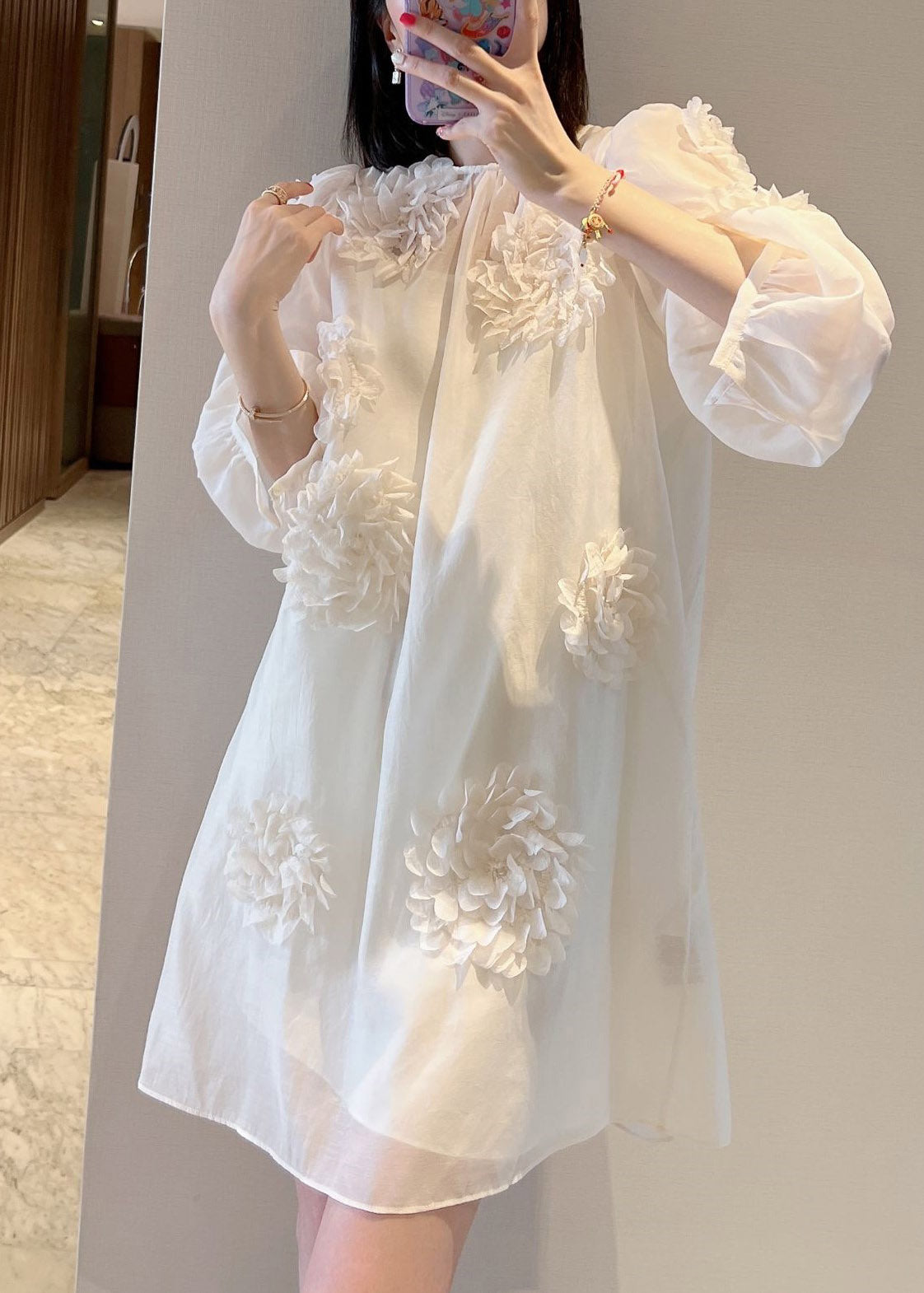 Loose Pink O-Neck Floral Mid Dress Long Sleeve EE007