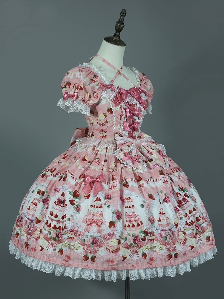 Strawberry Lolita Pink Bow Set Dress Print Cake Full Sweet Accents /