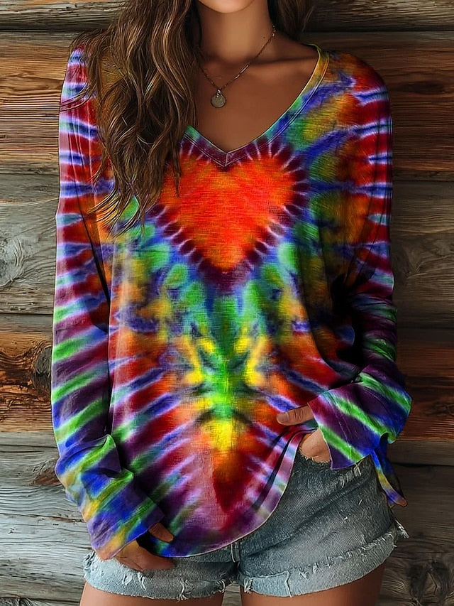 Women's T Shirt Print Heart Graphic Tie Dye Bohemia Vintage