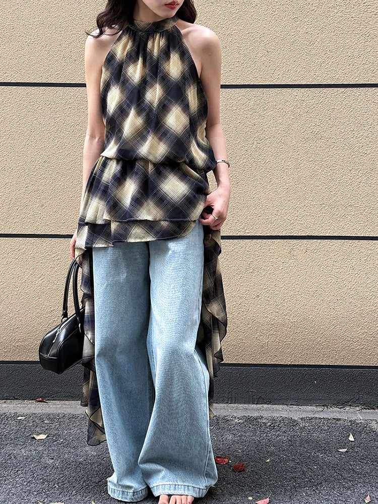 Khaki Top Plaid Asymmetric Halter Sleeveless Neck Uniaue High-Low