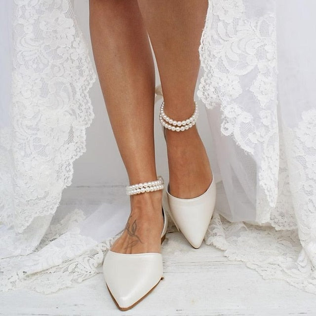 Elegant – Flats Bridal Ankle Women's Pearl Strap White