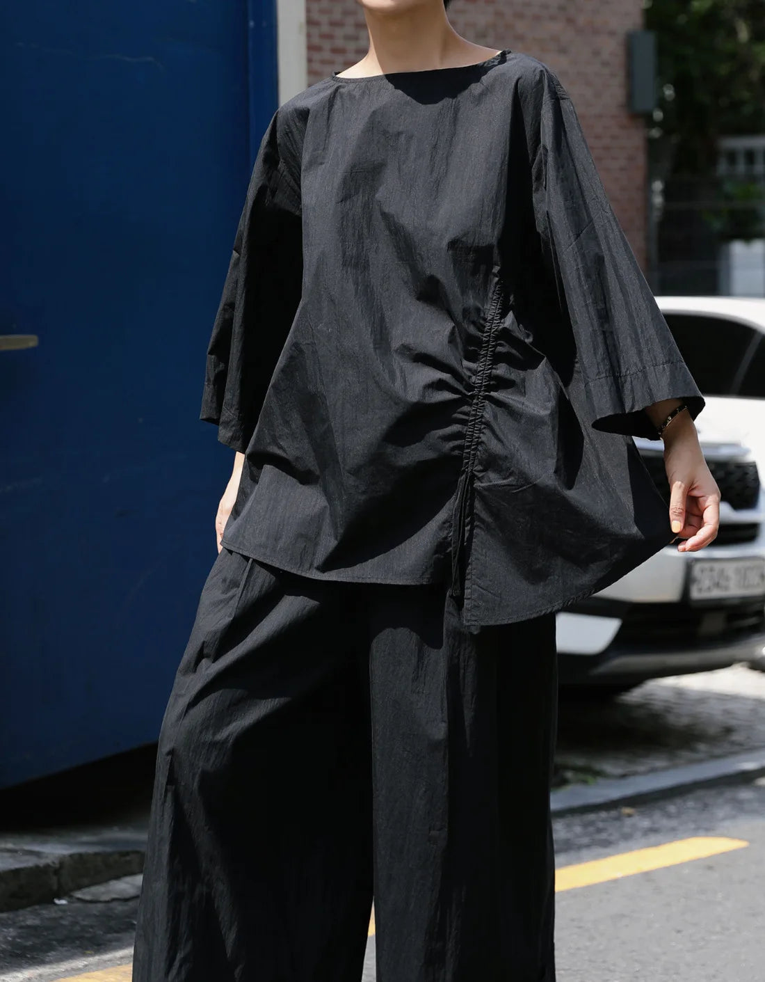 Cotton Asymmetrical Casual Sleeve Half Khaki Drawstring Top