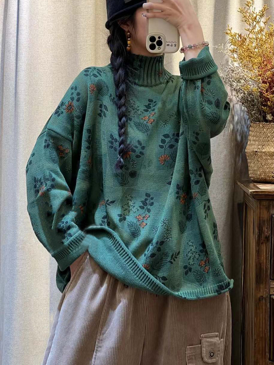 Women Vintage Flower Knitted Turtleneck Sweater AT1090