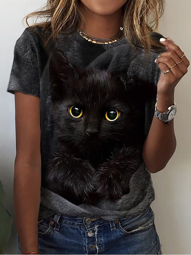 Women's T Shirt Basic Cat Print Short Sleeve Regular Tops