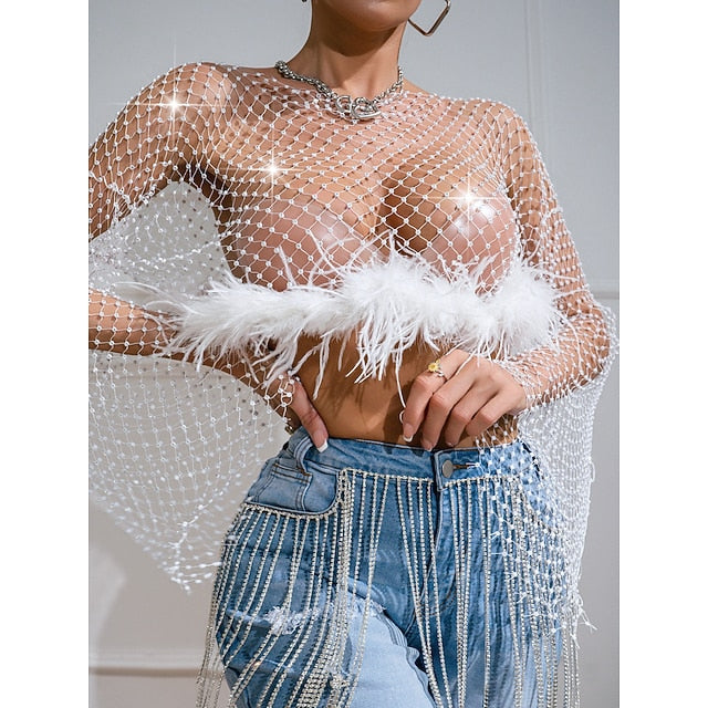 Metallic Sparkle Sexy Shirt Sheer Mesh Rhinestone Cover Up Disco