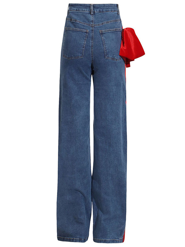 Chic Red Jeans Straight Waist High Buttoned Tied