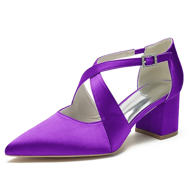– Elegant White Block Pointed Heels Women's Satin Toe