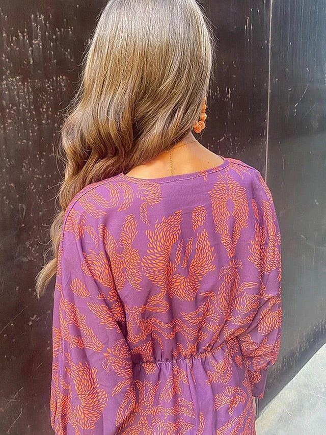 Women's Graphic Print V Neck Maxi Dress Long Sleeve Spring