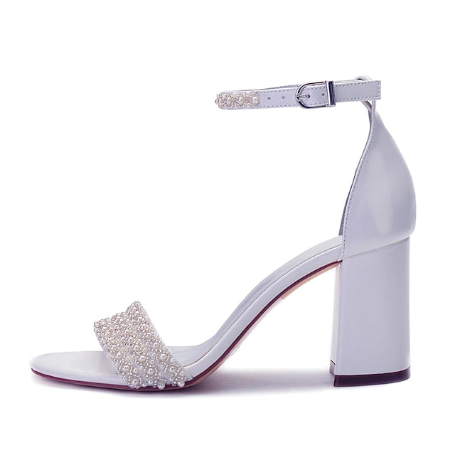 White Embellished Pearl Ankle Strap Block Ivory Women's