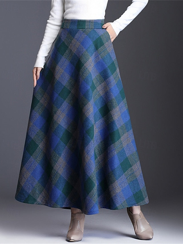 Women's Elegant Retro Vintage Maxi High Waist Skirts Plaid