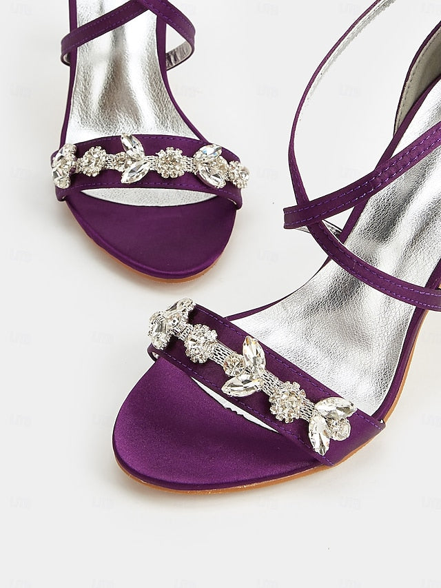 with Stiletto Rhinestone Heels Satin Women's Purple Straps