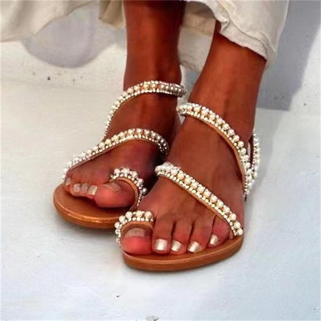 Sandals Flat Pearl-Embellished Strappy Elegant Women's –