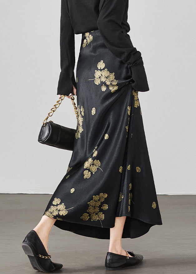 New Silk Waist Summer Skirt Black Print High