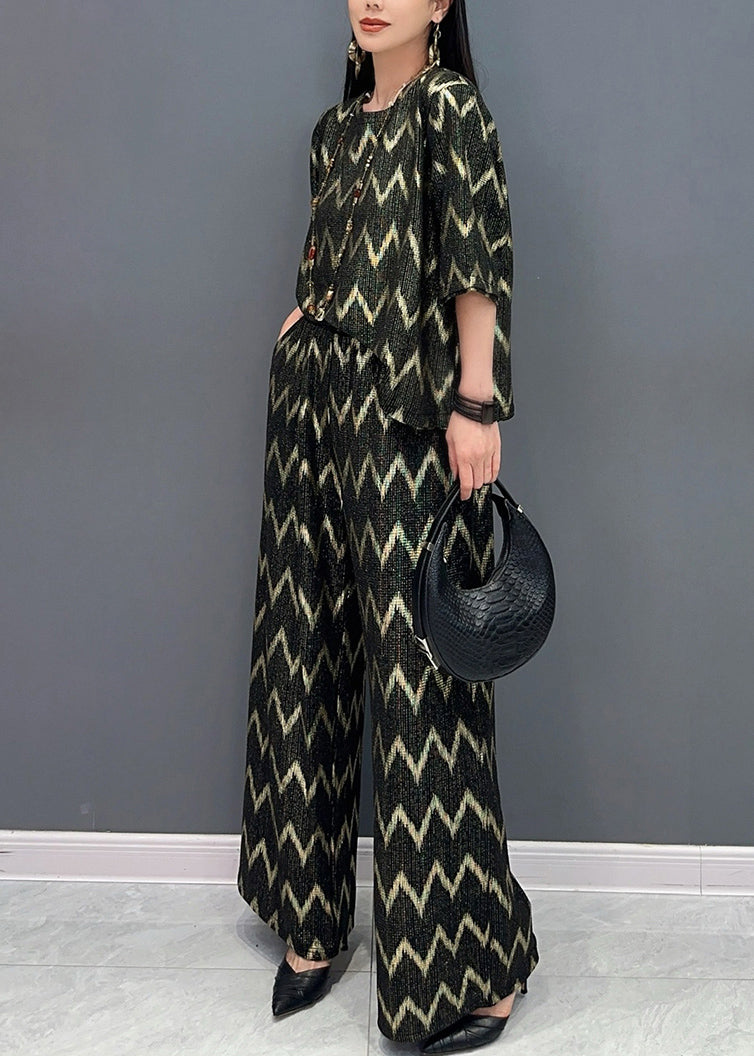 Casual Black Gold O-Neck Print And Wide Leg Pants T Shirt Two Pieces Set Short Sleeve AO1059