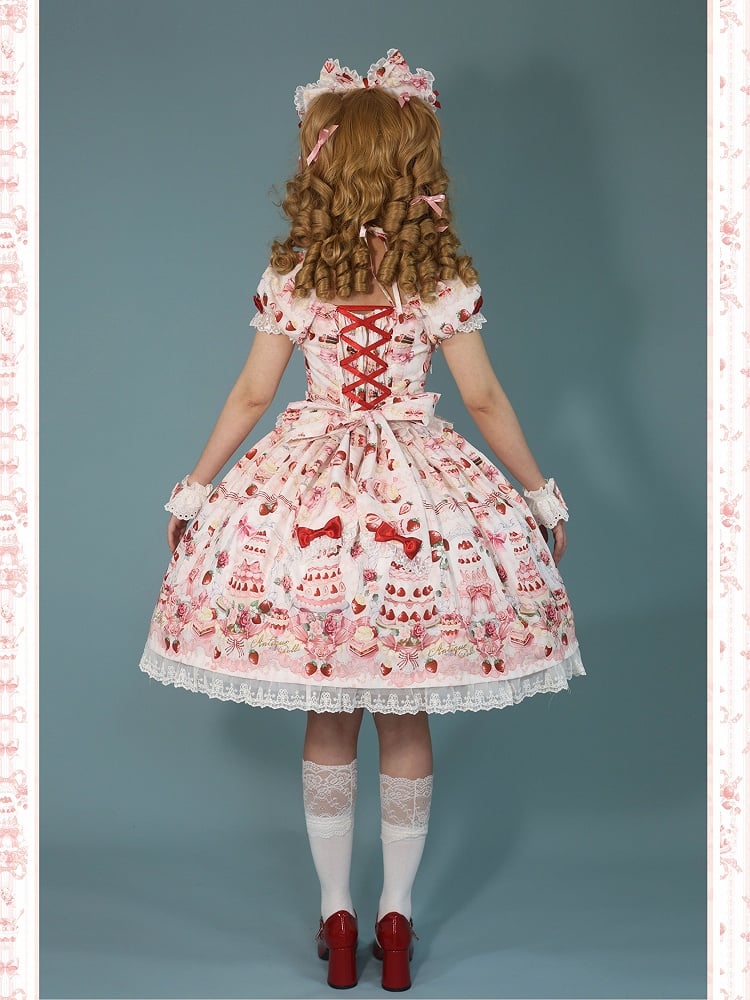 / White Lolita Print Accents Strawberry Bow Sweet Full Dress Cake Set