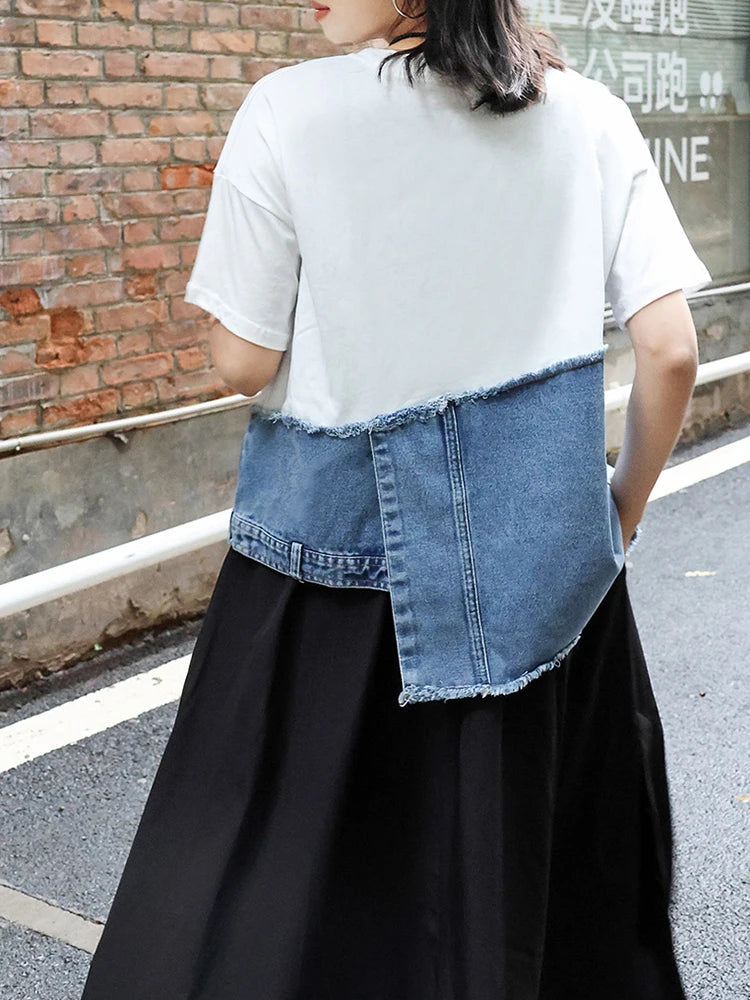 Short Street Sleeve O-neck Denim Patchwork White Hem T-Shirt
