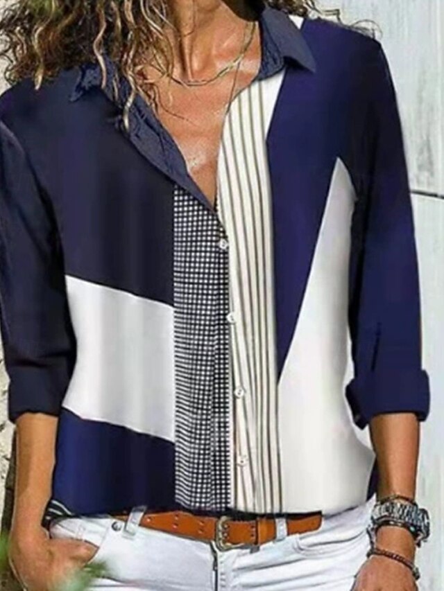 Women's Shirt Blouse Buttons Color Block Modern Casual Long