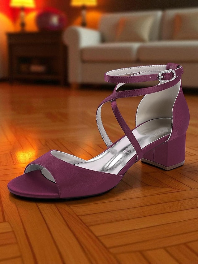 with Heel Satin - Block Ankle Sandals Women's Strap Elegant