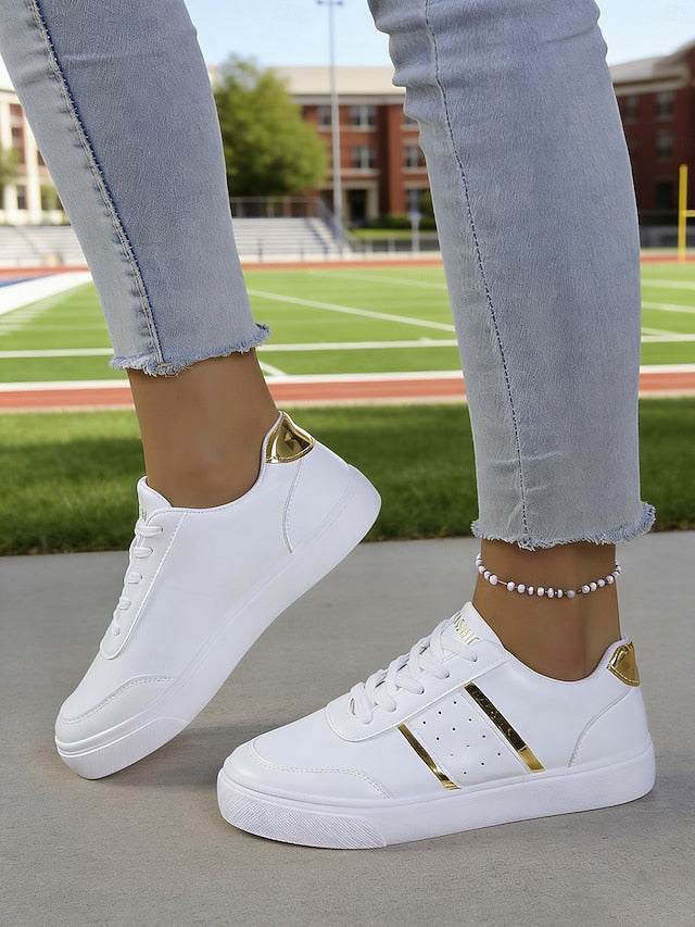 Women's White Lace-up Sneakers with Gold Detailing –