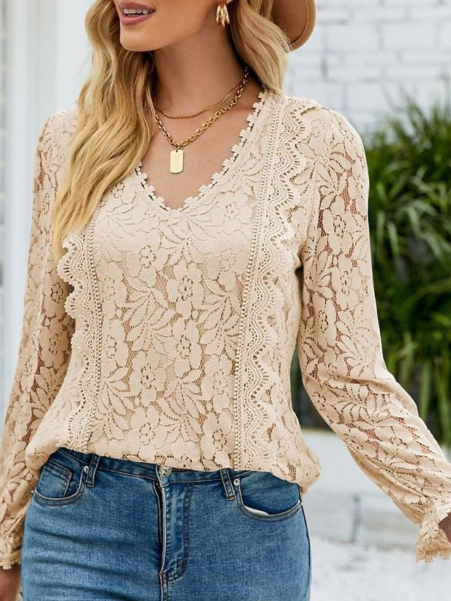 Women's Elegant Lace Tops Eyelet Blouse Elegant Solid Color
