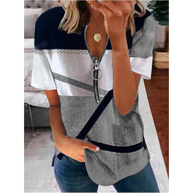 Women's T Shirt Tee Top Zipper Print Geometric Fashion