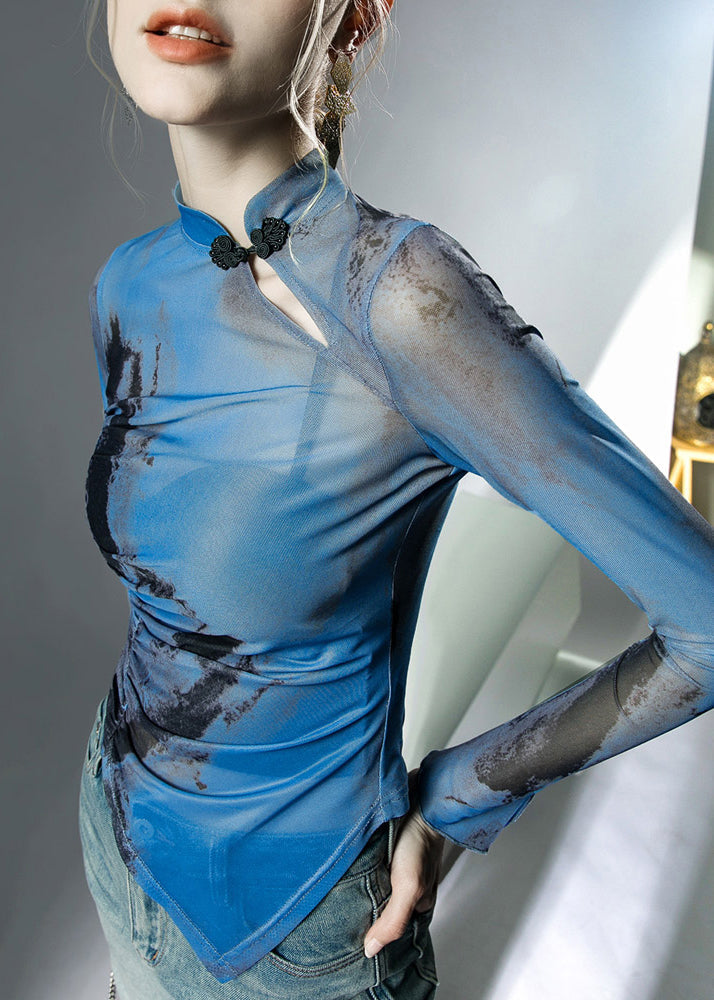 Chic Blue Stand Collar Asymmetrical Print Tulle Tops Fall