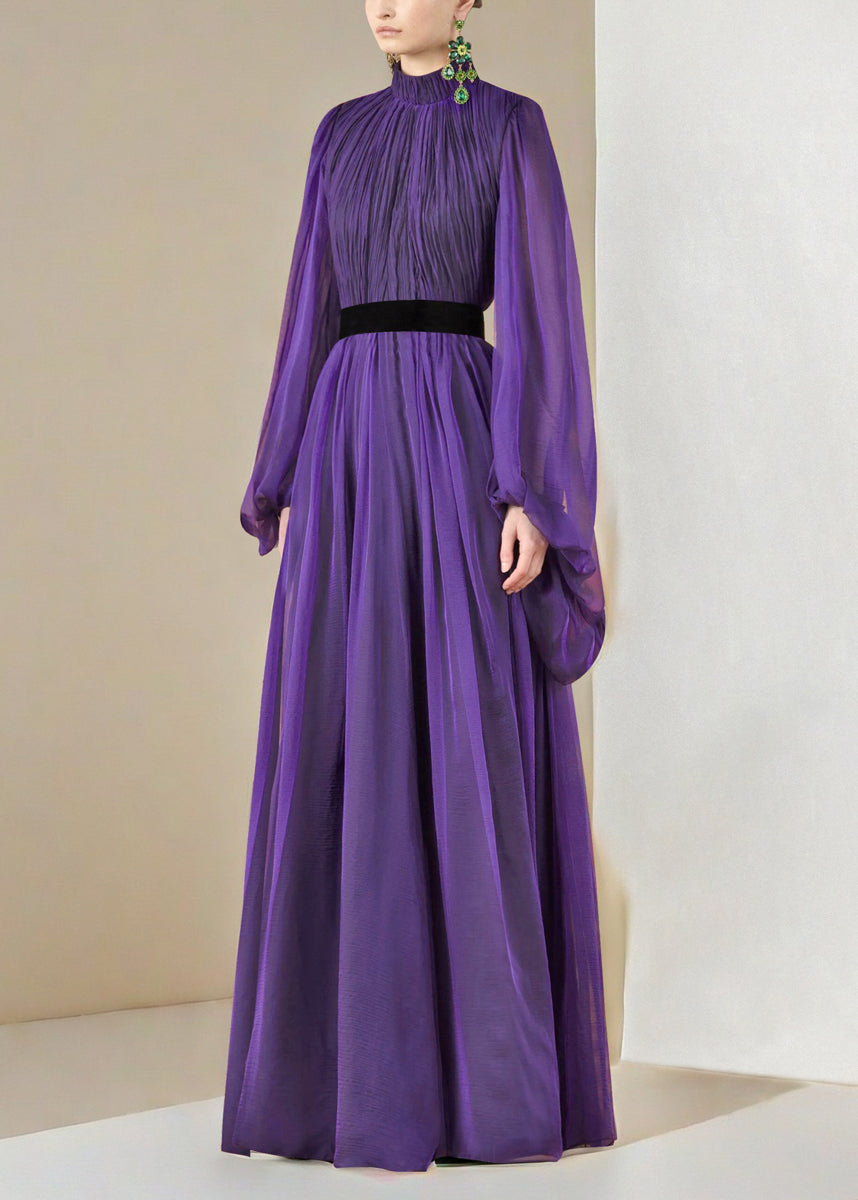 Wrinkled Purple Lantern Collar Silk Stand Italian Long Dresses