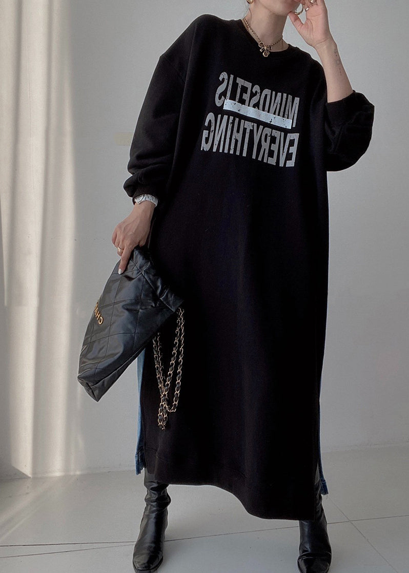 Long Black Spring Dresses Patchwork Oversized Natural Denim