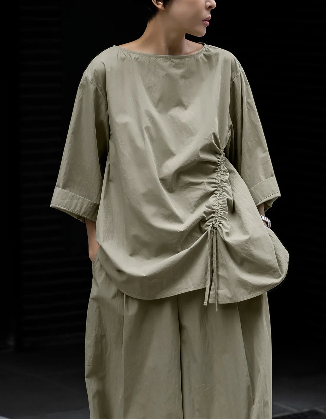 Cotton Asymmetrical Casual Sleeve Half Khaki Drawstring Top