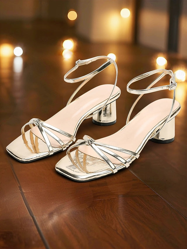 – Shiny Heels Women's Gold Strap Metallic Ankle Block