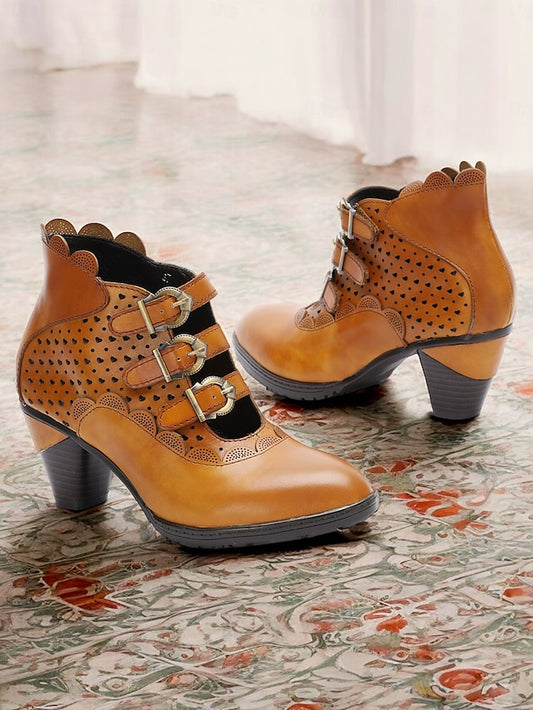 Perforated - Strap Boots Women's Brown Ankle Buckle Vintage