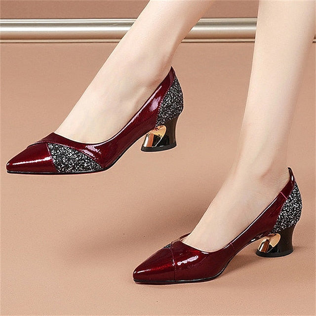 Women's Glitter-Accented Block Leather Patent Heels Faux