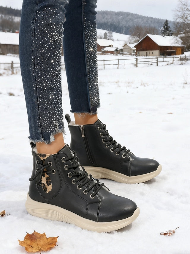 Women's Light Brown High-Top Sneaker Boots with Leopard