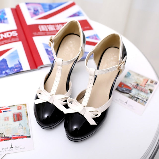 with Black White High Patent Women's Heels Leather T-Strap