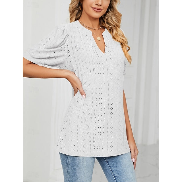 Women's T Shirt Eyelet Plain Fashion Modern Casual Short