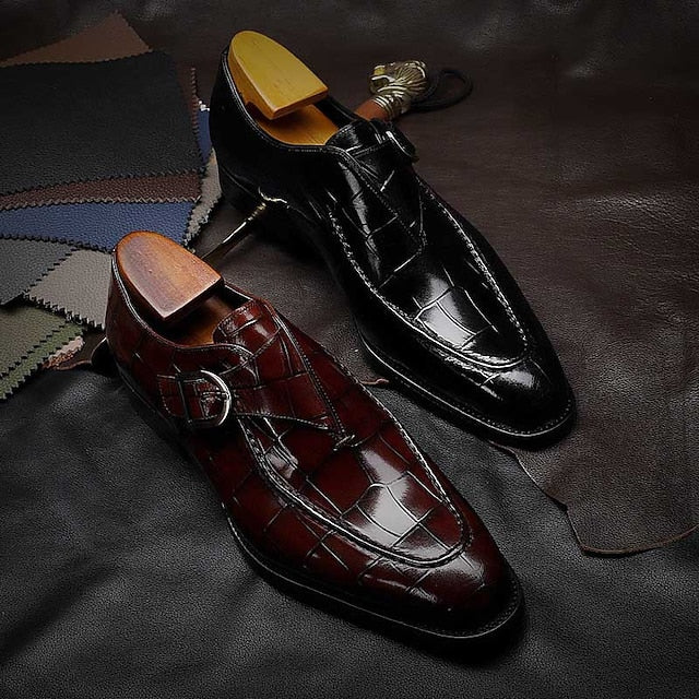 Monk Men's Faux Strap Burgundy Pattern Crocodile Leather