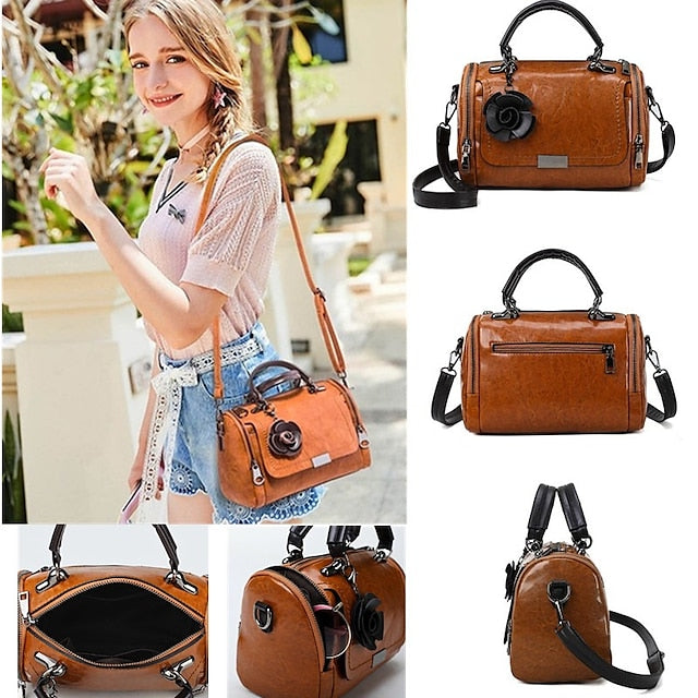 Leather Floral Vintage-Style Handbag Faux Women's with