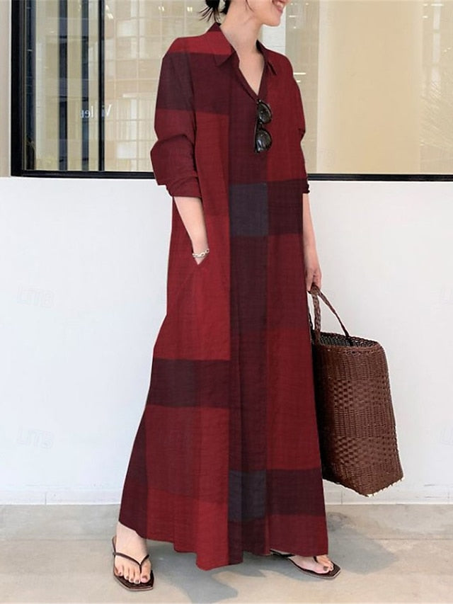 Women's Plaid Shirt Collar Maxi Dress Long Sleeve Spring