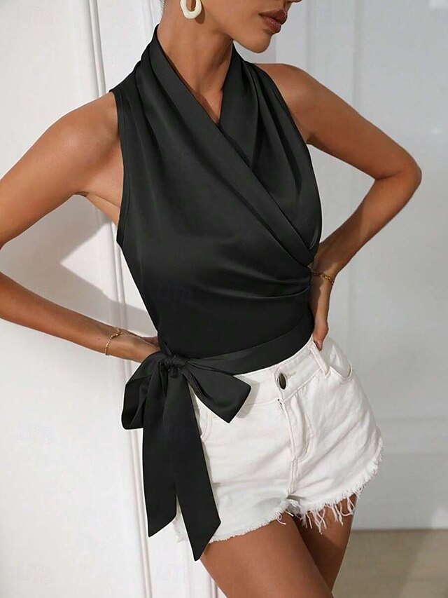 Women's Satin Tank T Shirt Tee Top Wrap Plain Elegant