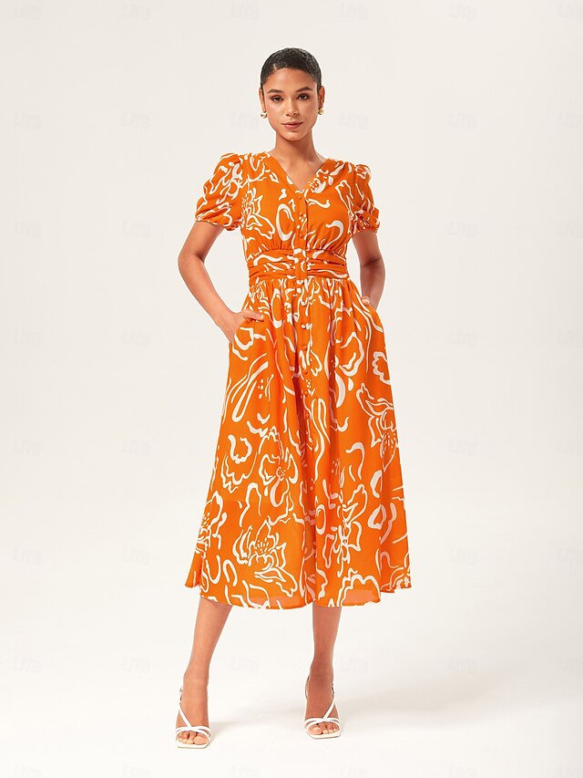 Abstract art print Linen-Like Fabric Waist-Cinching Maxi Dress