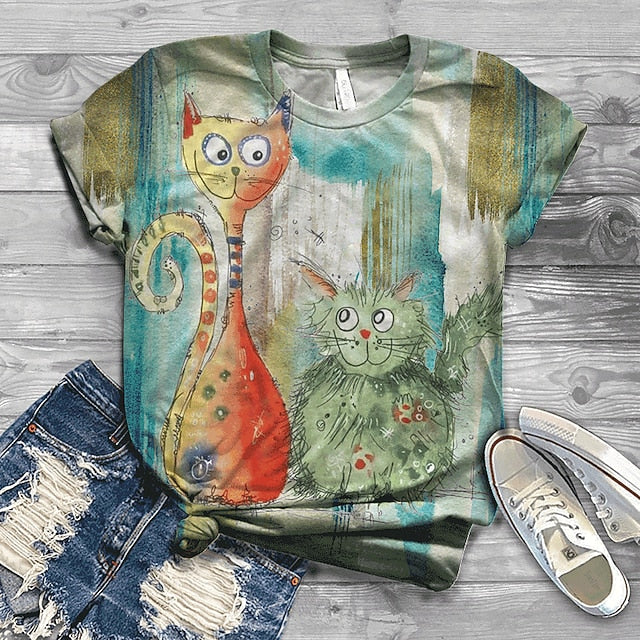 Women's T Shirt Streetwear Preppy Cat Print Short Sleeve