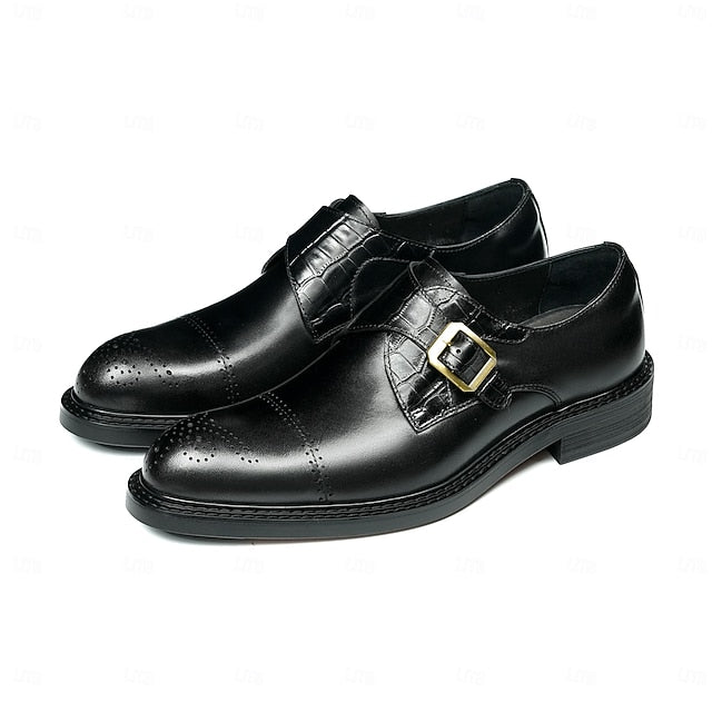 Genuine Leather Strap Men's Shoes- Black First Monk
