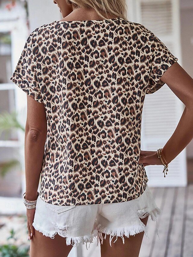 Women's T Shirt Print Leopard Fashion Short Sleeve V Neck