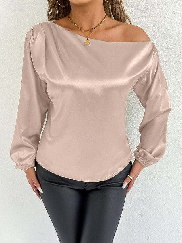 Women's Satin Tee Top Elegant Stylish Long Sleeve Puff