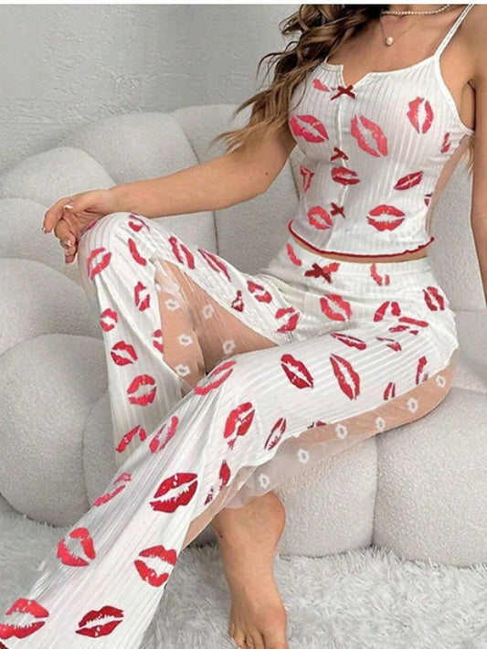 Women's Pajama Set Lovers Sexy Casual Lip Dot Elastic Waist