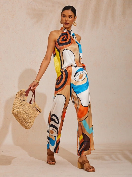 Abstract Art Silky Satin Halter Sleeveless Top