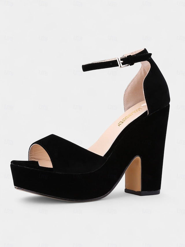 - Nude Heel Block Sandals Platform Suede Women's Chunky