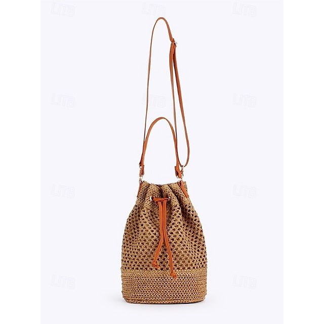 - Drawstring Summer Bucket Bag Woven Women’s Stylish with Tote